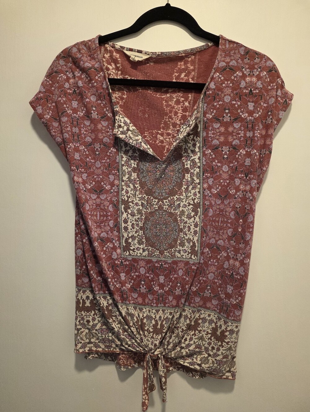 Lucky Brand Patterned Tie-Hem Short Sleeve Top Sz Small